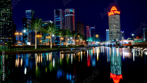 12 February 2019- Colorful Skyline of Doha Qatar City during nig