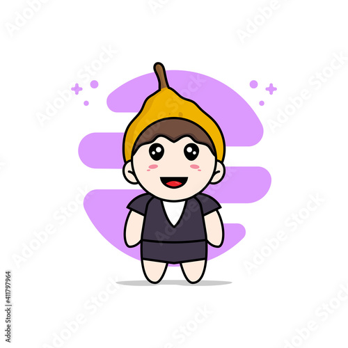 Cute business woman character wearing ugli fruit costume.
