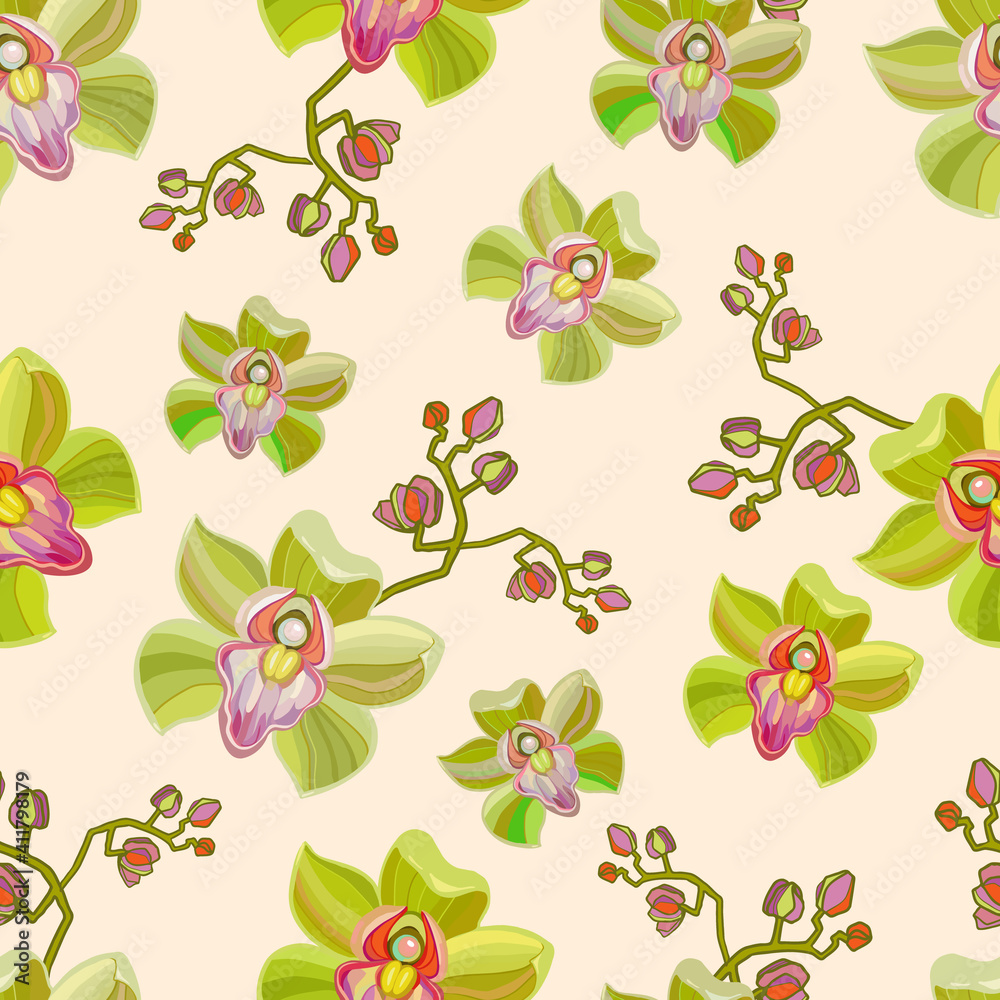 Elegant orchid seamless patterns for print design. Orchid floral seamless pattern on soft background. Spring textile texture. Repeat design elements