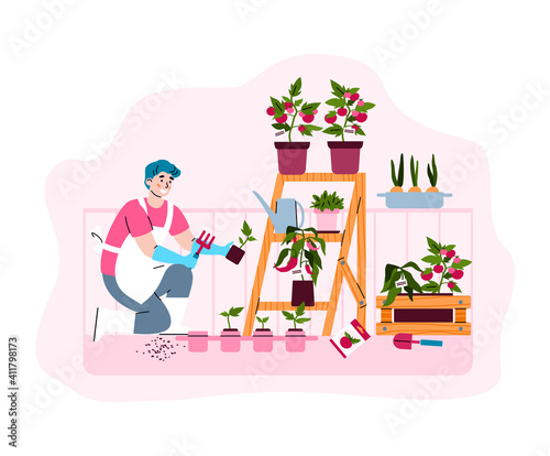 Farming and gardening on city green balcony. Man caring for agricultural plants and growth vegetables. Vector isolated illustration.