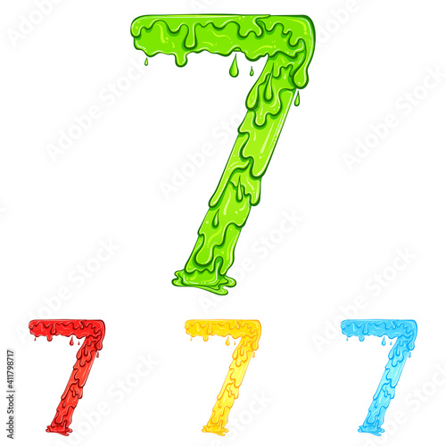 Number 7 with flow drops and goo splash. Color illustration of the symbol seven in four colors green, red, yellow, blue. Dripping liquid. Vector font in hand drawn style isolated on white background.