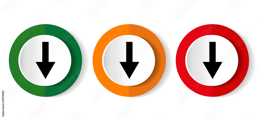 Down arrow, download icon set, colorful buttons in 3 color options for web design and mobile applications Down arrow, download icon set, colorful buttons in 3 color options for web design and mobile applications