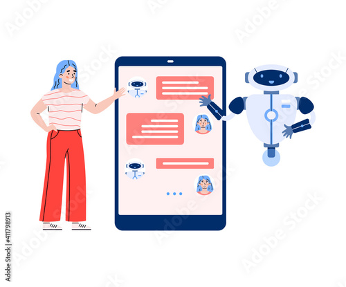 Chatbot service banner with cartoon woman character having conversation with bot on mobile application, cartoon vector illustration isolated on white background.
