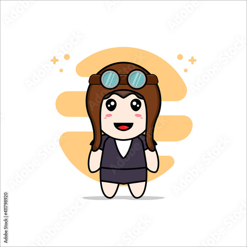 Cute business woman character wearing pilot helmet.