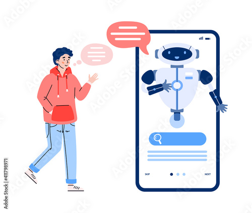 Young man communicates with chatbot robot via mobile phone, cartoon vector illustration isolated on white background. Mobile chat for clients support.