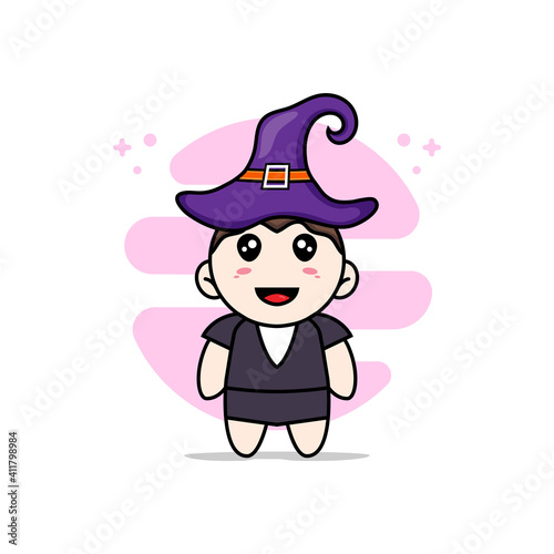 Cute business woman character wearing witch hat.
