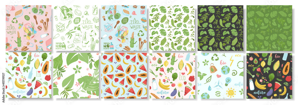 Collection of patterns about ecology, plants, eco friendly packaging, fruits. Flat vector illustration