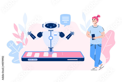 Young man communicating with chatbot application, cartoon vector illustration isolated on white background. Technical or customer service support app.