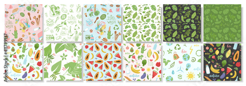 Collection of patterns about ecology, plants, eco friendly packaging, fruits. Flat vector illustration