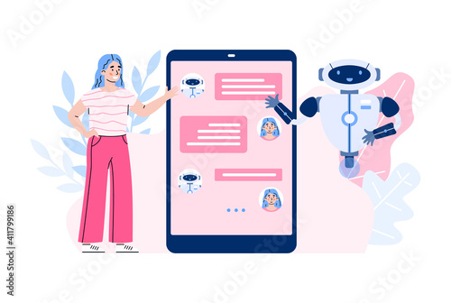 Smart chatbot for service and support customers. Girl communicate in chat mobile phone with virtual assistant, artificial intelligence. Vector illustration.