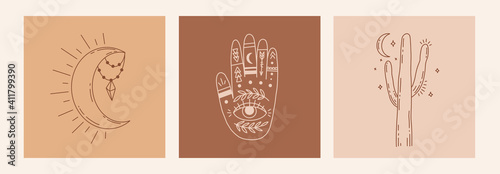Magic line art poster with hands, cactus, moon