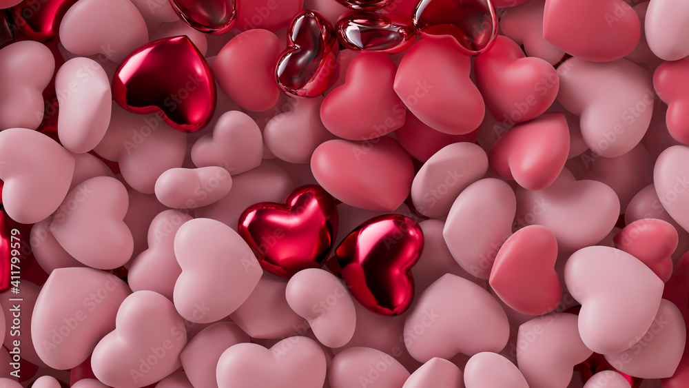 Multicolored Heart background. Valentine Wallpaper with Pink, Red Glass and Red Metallic love hearts. 3D Render Multicolored Heart background. Valentine Wallpaper with Pink, Red Glass and Red Metallic love hearts. 3D Render