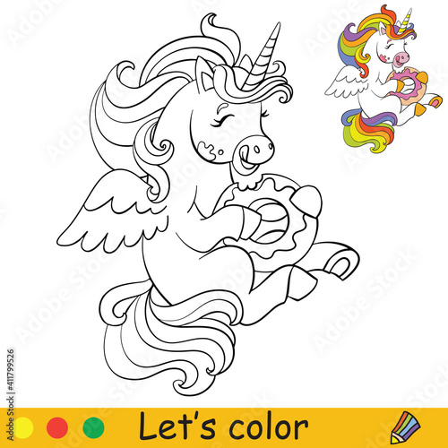 Cute little unicorn eating a doughnut. Coloring book page with colorful template. Vector cartoon illustration isolated on white background. For coloring book, preschool education, print, design, game