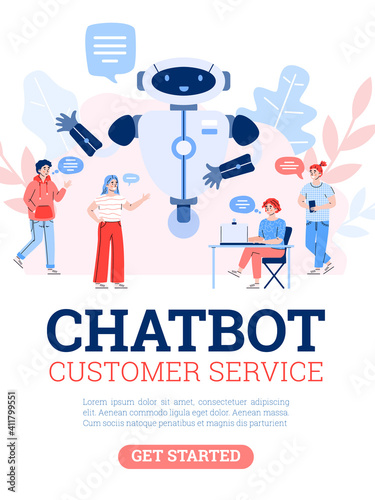Chatbot customer service. Technology of communication with smart robot, artificial intelligence, virtual assistant using messenger. Vector illustration. Banner or poster with text.