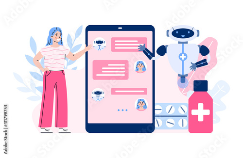 Medical chatbot, robot doctor on screen for support patients. Girl receive treatment or buy medicine in online chat. Technology of future in healthcare. Vector illustration.
