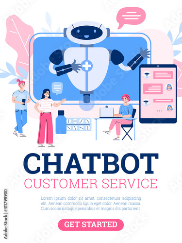 Vector poster with medical chatbot, robot on screen for service and support patients. People use technology of future receive consultation treatment or buy medication online.