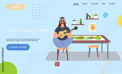 Male bard with ukulele in hands. Musician playing strings on instrument on background of board game. Person creates music. Man with musical instrument. Guitarist is playing guitar in living room