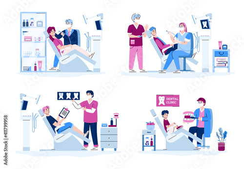 Patients in chair and dentists specialist examining or treating teeth set. People visiting dental clinic, cartoon vector illustration isolated on white background.