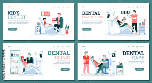 Dental clinic with patients in medical hospital chairs, doctors dentist and medicine dental tools and equipment. Health care, check and treatment of teeth. Vector design for web.