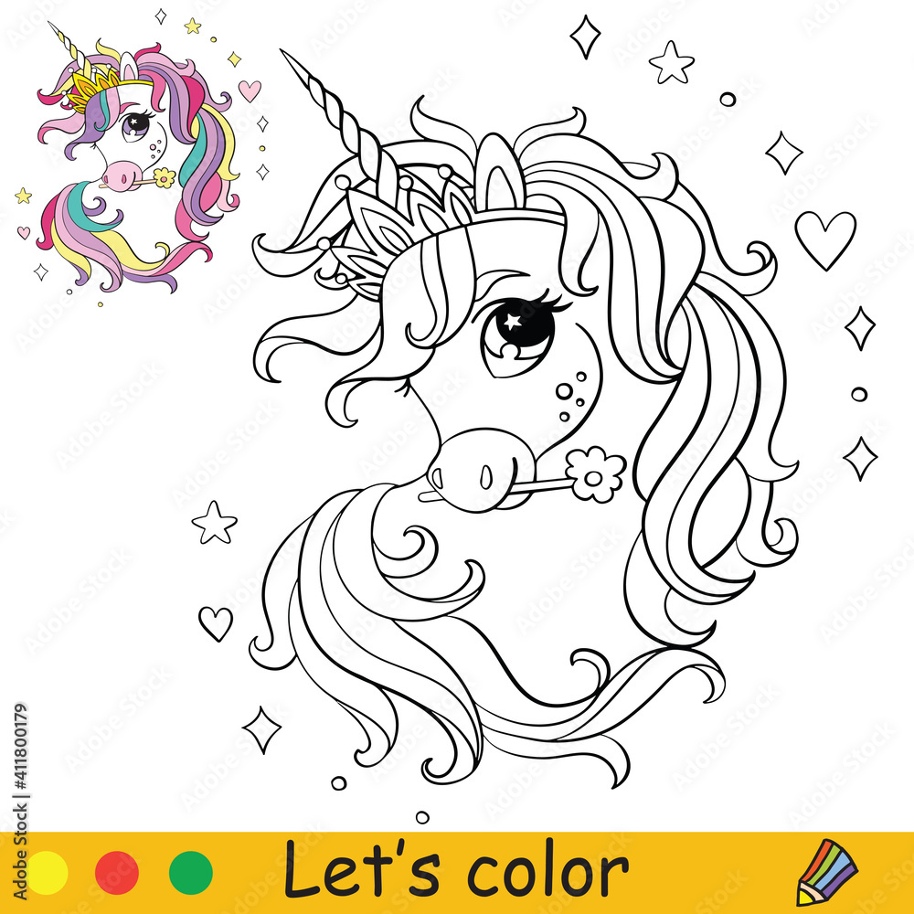 Cute little head of unicorn. Coloring book page with colorful ...