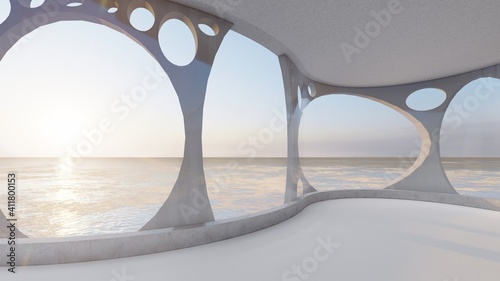 Fototapeta Architektura wnętrza pokoju w tle z widokiem na morze 3d render
