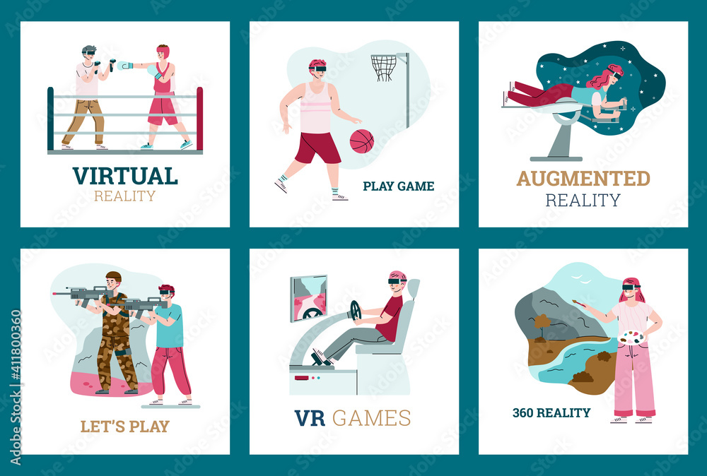 Augmented virtual reality. People play in computer games using vr glasses, headset and digital devices. Technology of modern entertainment in cyberspace. A set of vector banners.