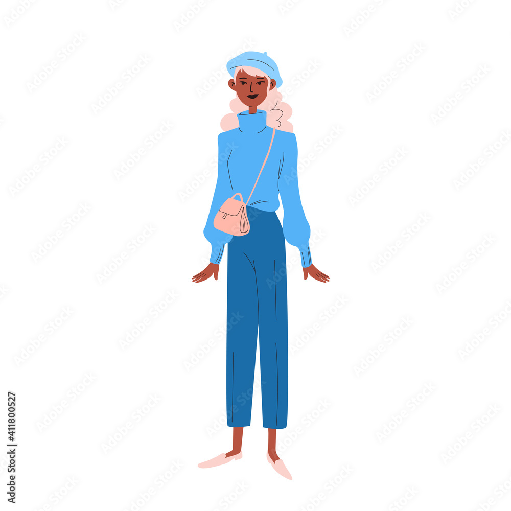 A young woman in blue clothes with a beret on her head and a small handbag over her shoulder. A dark-skinned woman stands in a blue sweater. Fashionable blonde. Vector illustration isolated on white b A young woman in blue clothes with a beret on her head and a small handbag over her shoulder. A dark-skinned woman stands in a blue sweater. Fashionable blonde. Vector illustration isolated on white b