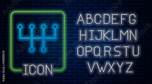 Glowing neon Gear shifter icon isolated on brick wall background. Transmission icon. Neon light alphabet. Vector.