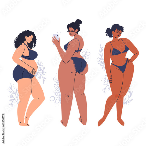 Young tanned women posing in lingerie. A variety of full-bodied adult girls in dark swimwear. Hand-drawn plus size brunettes with flowers. Vector stock illustration isolated on white background.