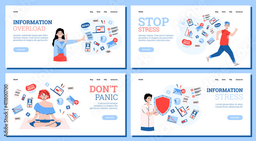 Information stress concept. Tired overload people under pressure of data, work and breaking news try stop stress, run away from it and dont panic. Set of vector illustrations.