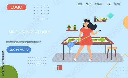 Musician imagines guitar on background of board game. Girl with headphones washes floor and sings. Female character plays mop like guitar at home. Person creates music. Guitarist sings songs