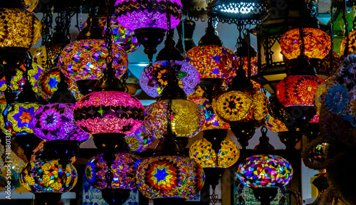 Multiple Arabic lamps at a shop in turkey