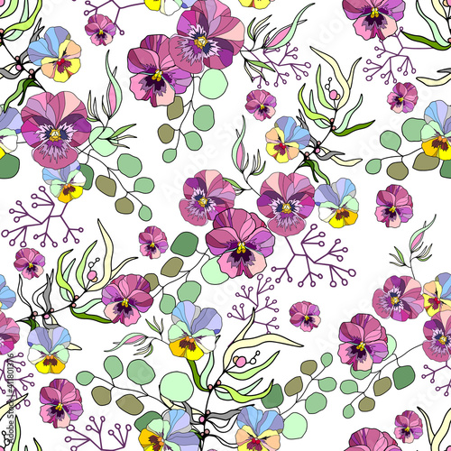 A beautiful garland of flowers, with lilac pansy flowers and a twigs. Watercolor hand drawn illustration isolated on a white background.