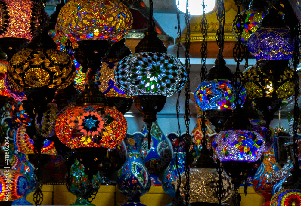 Multiple Arabic lamps at a shop in turkey