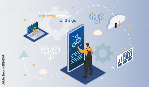 Industrial internet of things. New business ideas by using contemporary digital 4ir revolution AI, IoT. Male worker clicks gears symbol on smartphone screen in modern application with network settings