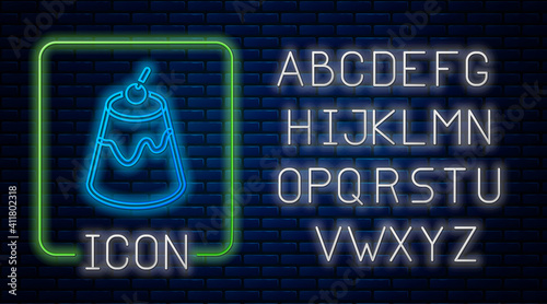 Glowing neon Pudding custard with caramel glaze icon isolated on brick wall background. Neon light alphabet. Vector.
