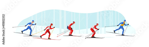 Skiers in sportswear are skiing classic style. Athletes participate in winter sports competition. The leader of pelothon tries to win a sprint race.Vector flat design web banner illustration