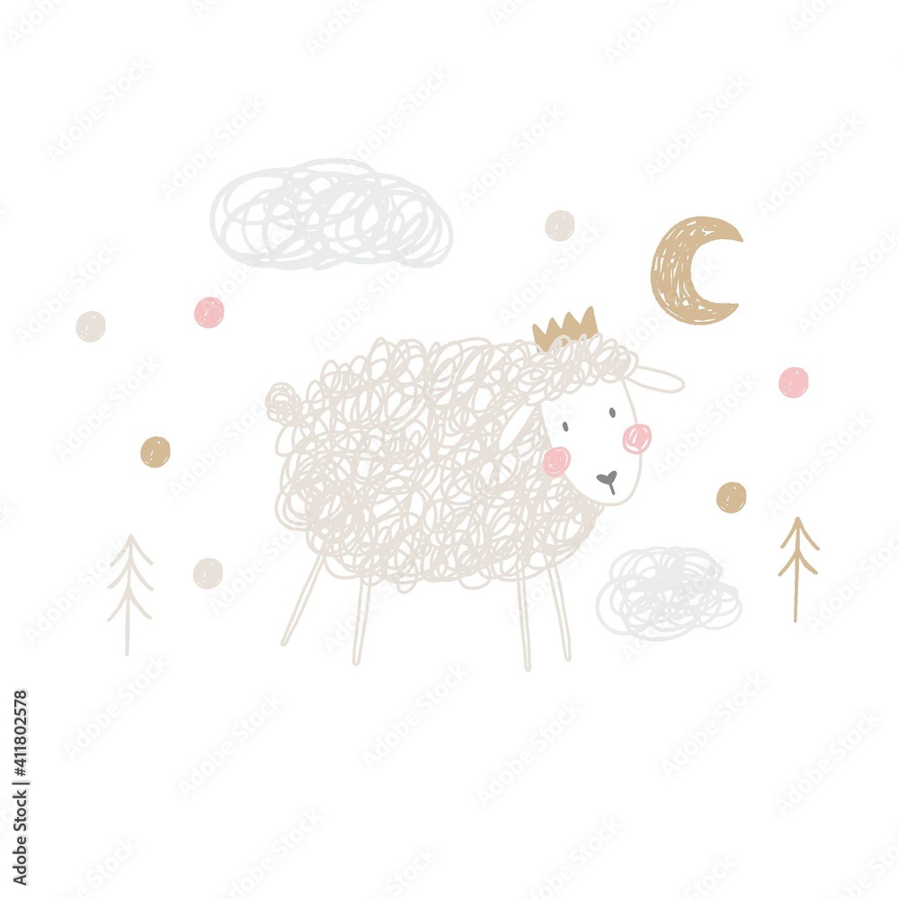 Naklejka premium Cute hand drawn sheep. Patel vector seamless pattern with cute sheep in crown