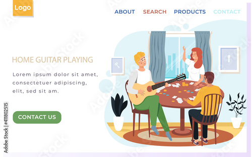 Couple with board game. Website with home guitar playing concept. Guitarist is making music. Guy playing guitar and perform. Friends are having fun at home. Musician uses strings on instrument
