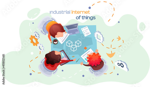 Industrial internet of things. New business ideas by using contemporary digital 4ir revolution, AI, IoT. Team of business people sitting at table and discussing about introduction of new achievements