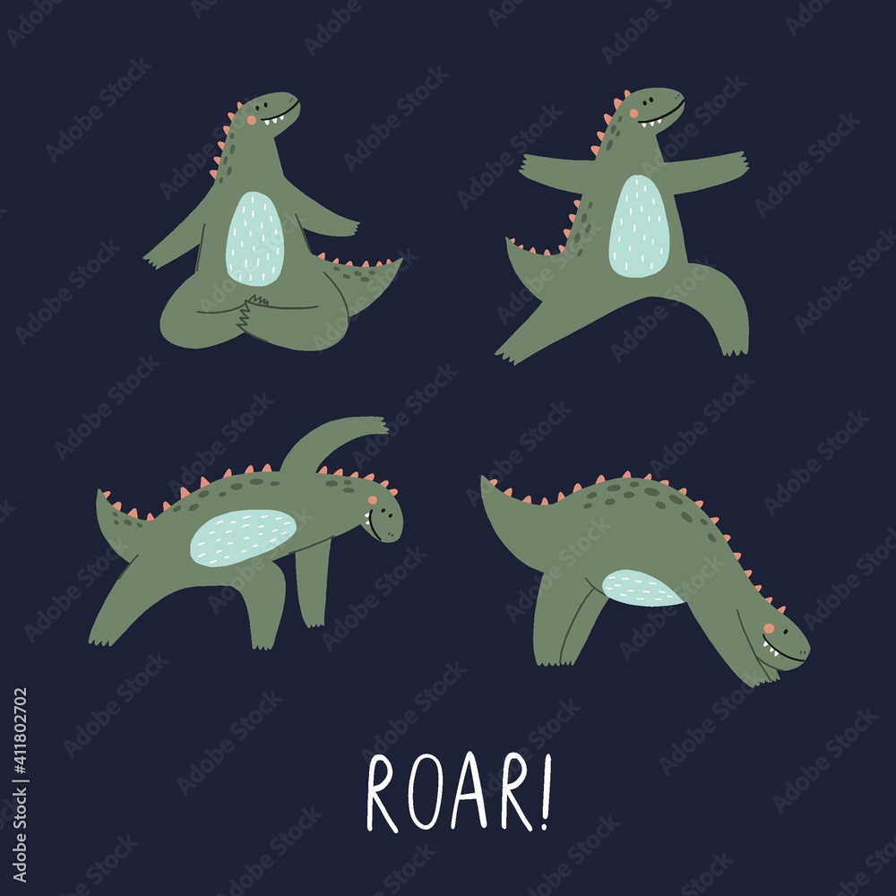 Fototapeta premium Cute Cartoon dinosaur yoga relax. Vector illustrations with dino yoga meditation