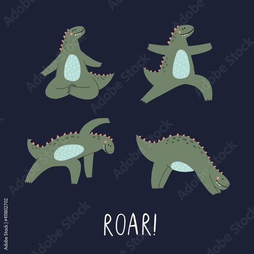 Cute Cartoon dinosaur yoga relax. Vector illustrations with dino yoga meditation