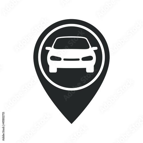 Map pointer with car graphic icon. Rent a car sign isolated on white background. Symbol of car sharing. Vector illustration