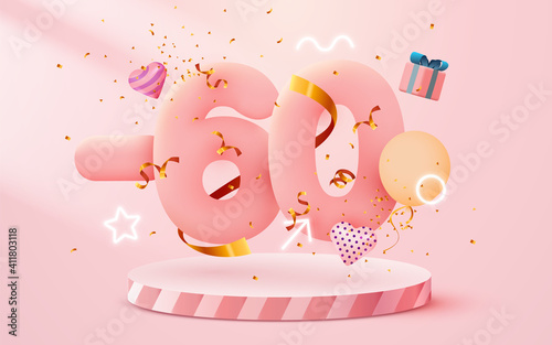 60 percent Off. Discount creative composition. 3d sale symbol with decorative objects, heart shaped balloons, golden confetti, podium and gift box. Sale banner and poster.