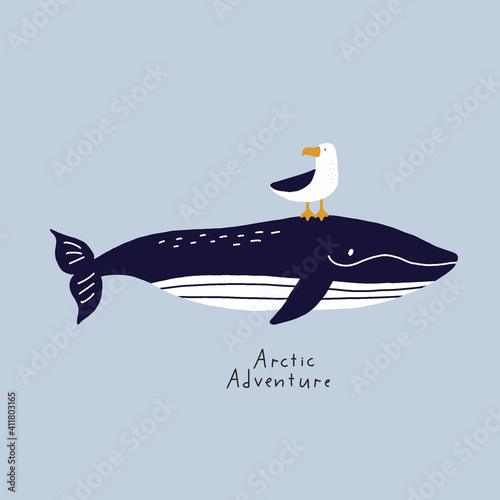 Cute wild Whale - Vector illustration. Cartoon whale, characters in scandinavian style for children. Lettering - love the oceans photo