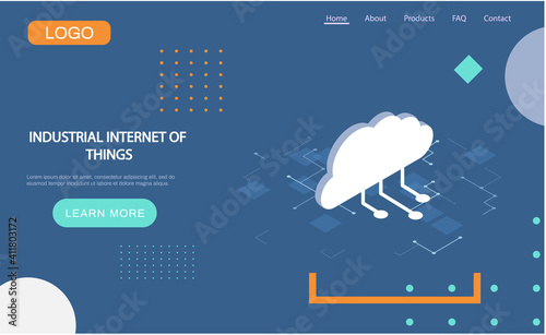 Industrial internet of things landing page. Cloud technology and networking. Computing concept design cloud database, stream system. Internet data services resources isometric 4ir revolution, AI, IoT