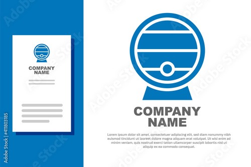 Blue Wooden barrel on rack with stopcock icon isolated on white background. Logo design template element. Vector.