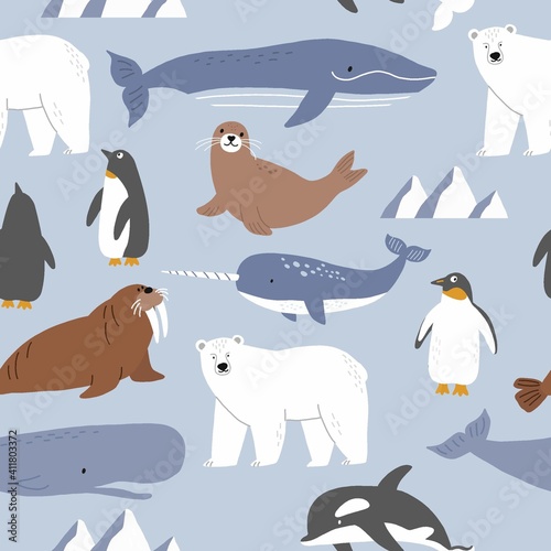 Vector with cute Arctic animals - Polar bear  seal  walrus  whale  fish  narwhal  albatross.  Seamless pattern with Cartoon characters Arctic and antarctic animals