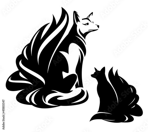 beautiful sitting fox with nine tails black and white vector outine and silhouette - japanese kitsune or korean kumiho portrait