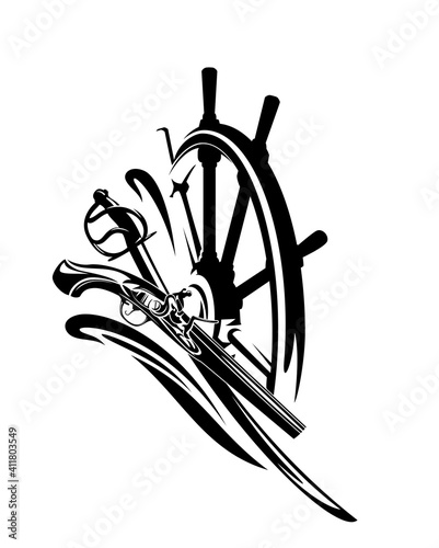 adventurous old time sea travel black and white vector emblem with ship helm, sabre sword and antique pirate pistol